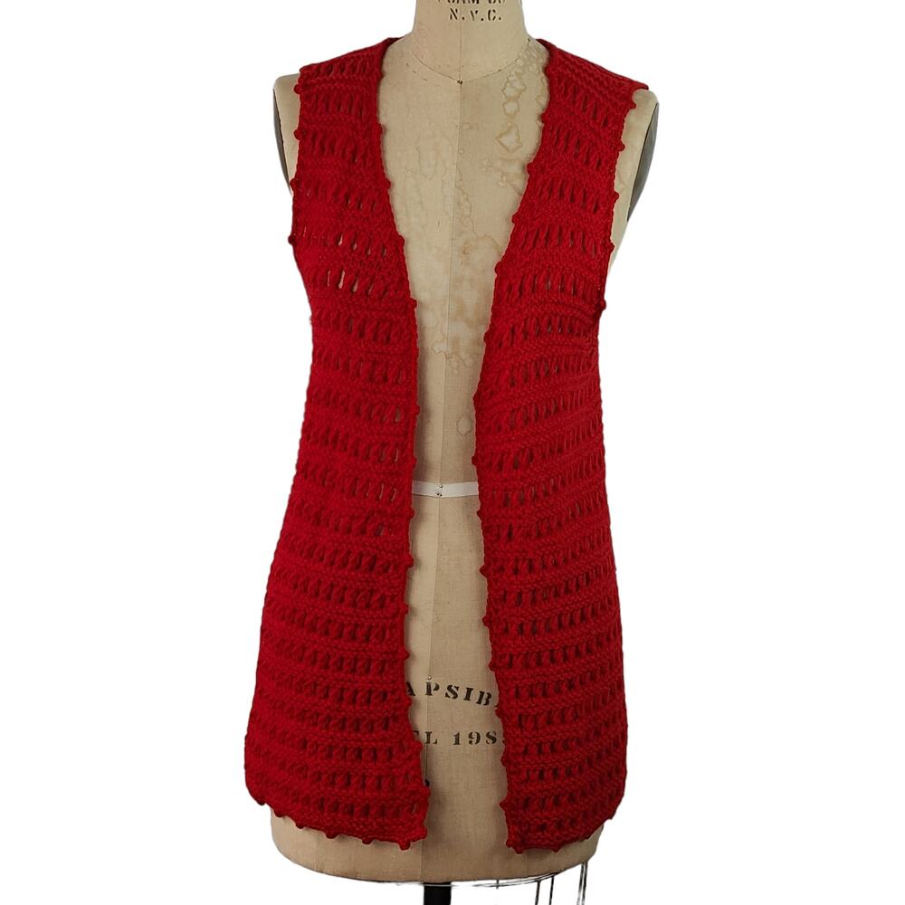 Vintage 70s red hand knit long vest Small Medium